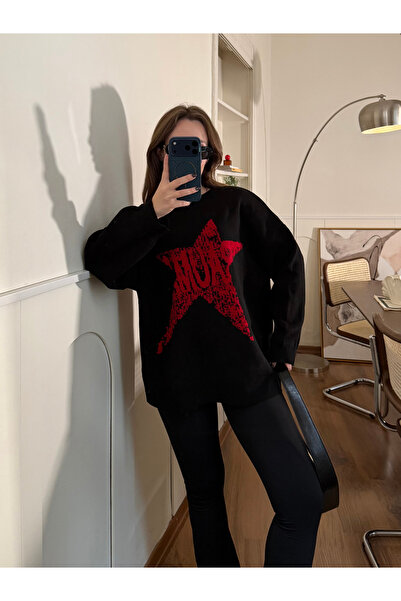 FERZOLAİO Star Patterned Black Oversized Sweater