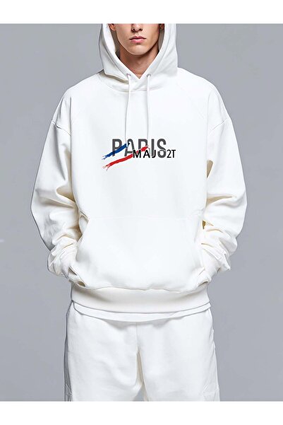 MIXSNOW سويت شيرت رجالي مطبوع بغطاء رأس باريس ماج بخطوط زرقاء وحمراء - سويت ش...