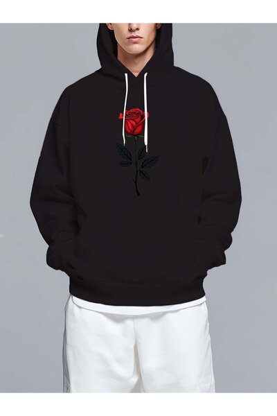 MIXSNOW سويت شيرت رجالي مطبوع وردة حمراء بأوراق على شكل ماسة - سويت شيرت واسع...