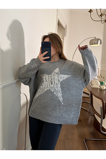 FERZOLAİO Star Patterned Gray Oversized Sweater