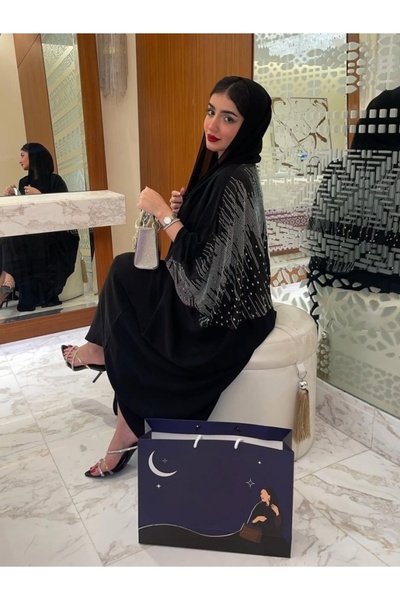 Noon Noora Elegant Black Open-Front Abaya - Rhinestone-Studded Islamic Cardig...
