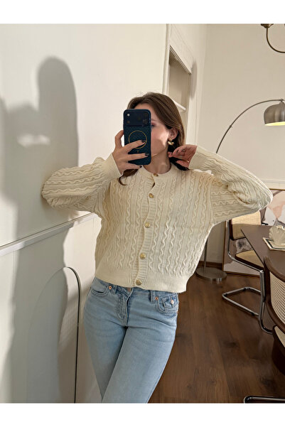 FERZOLAİO Ecru Knit Cardigan with Braided Gold Buttons