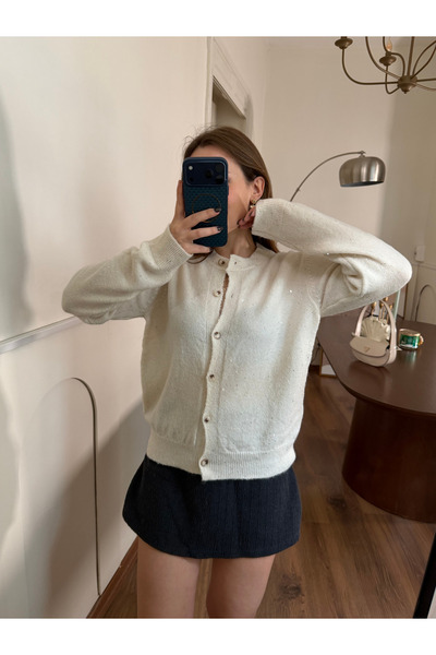 FERZOLAİO Sparkly Buttoned Ecru Knit Cardigan