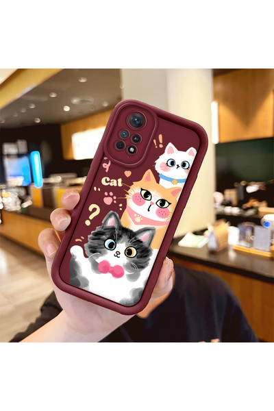 quırkshıeld Redmi Note 12 Pro 4g Compatible Silicone Material Shockproof Burgundy Color Case Sweet Cat