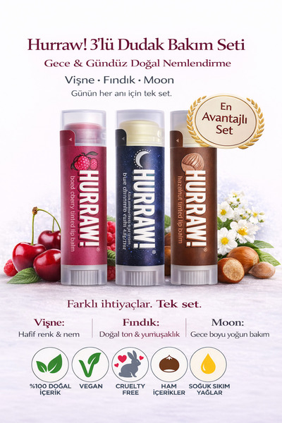 Hurraw 3’lü Dudak Bakım Seti – Vişne + Fındık + Moon Lip Balm | Gece & Gündüz...