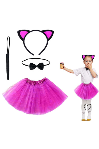 My Reality Fashion مجموعة أزياء القطة باللون الفوشيا - توتو، تاج، ربطة عنق، ذيل