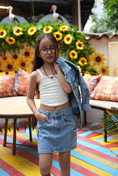 SONGÜLBERİK Girl's Cargo Pocket Pack Denim Skirt