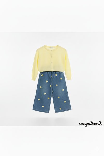 SONGÜLBERİK Girl's Yellow Cardigan Embroidered Jean Set
