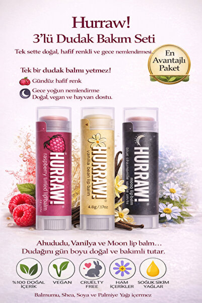 Hurraw ! 3’lü Dudak Balm Seti Ahududu Vanilya Moon Doğal & Vegan
