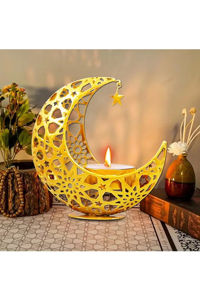 Generic حامل شموع رمضاني، حامل شموع ذهبي على شكل هلال - زينة رمضانية أنيقة