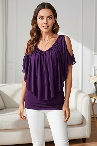 Mossta Bluză din șifon fluidă, cu umerii goi - Mov