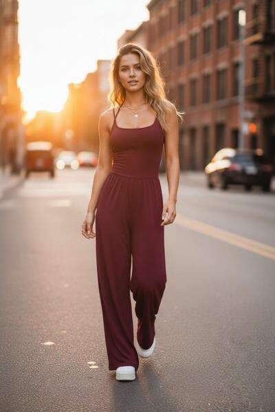 Mossta Strappy Round Neck Viscose Jumpsuit - Burgundy