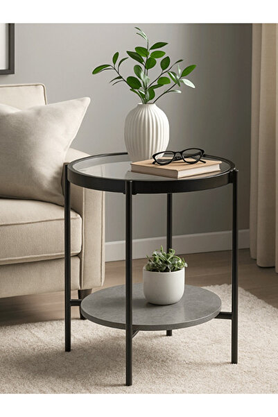 Bec4 Modern two-tier side table - glass top and wooden base