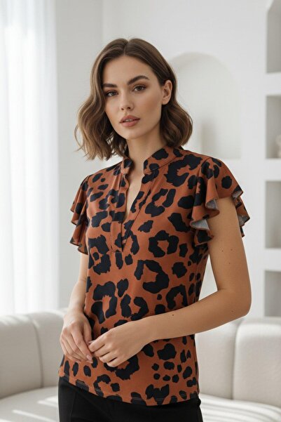 Mossta Hakim Collar Detailed Flounce Sleeve Patterned Single Jersey Blouse - ...