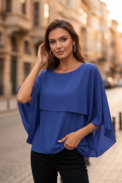 Mossta Minimalist Cape Cut Modern Sandy Blouse - Blue