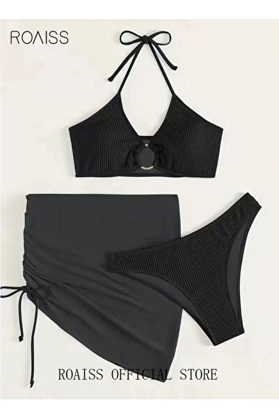 ROAISS 3 Pack Bikini Sets Halter Beachwear Ladies Tankini Swimsuit Hollow Out...