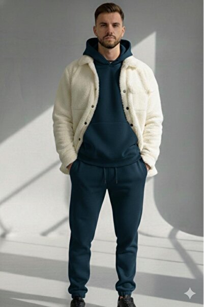 CAST COLLECTİON Men's Petrol Blue-White 3-Piece Hooded Sweat Tracksuit Bottom...