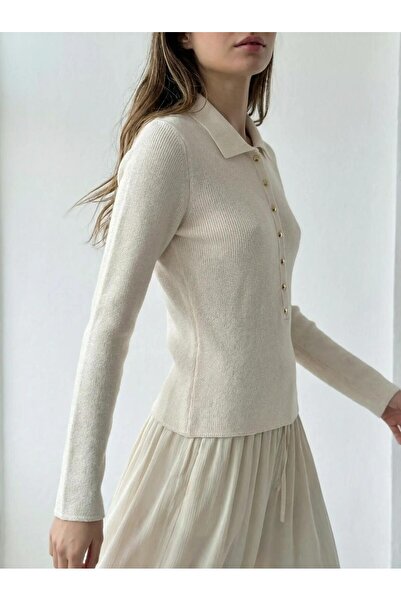 Retrobird Stretch Fabric Thin Polo Neck Basic Sweater Women's Cream