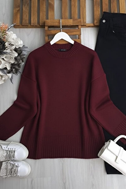 ZEROGAPRİSE Women's Crew Neck Oversized Fleece-Lined Knitwear Sweater