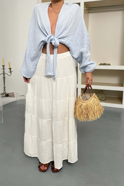 JEE LEE Women's Elastic Waist 100% Cotton Long Skirt White - 5017