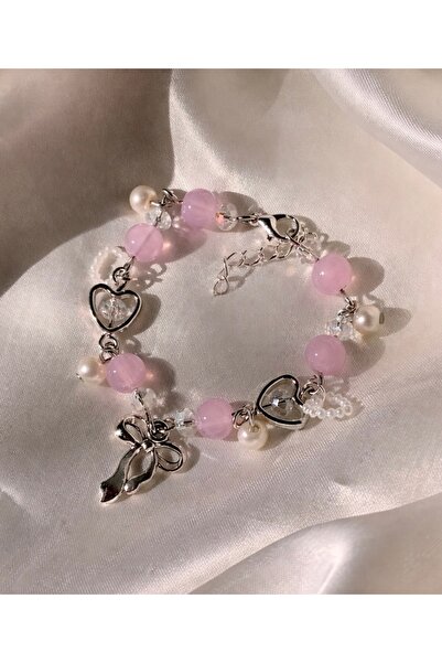 sleyshop Coquette y2k Fiyonk Pembe Kuvars Doğaltaş El Yapımı Bileklik