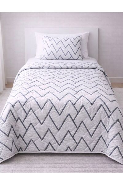VELLON HOME Single Person Embroidered Quilt Bedspread with White and Gray Str...