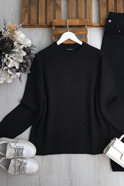 ZEROGAPRİSE Women's Crew Neck Oversized Fleece-Lined Knitwear Sweater