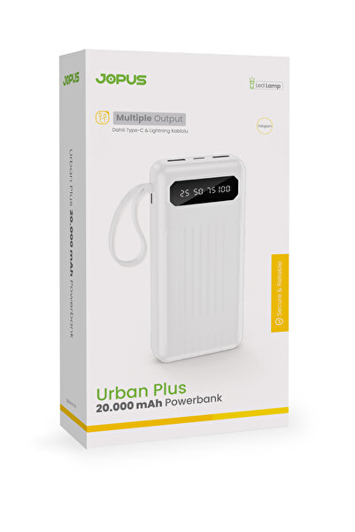 Jopus 20000mAh PowerBank Dahili Kablolu, LCD Ekranlı, LED Lambalı, Taşınabili...