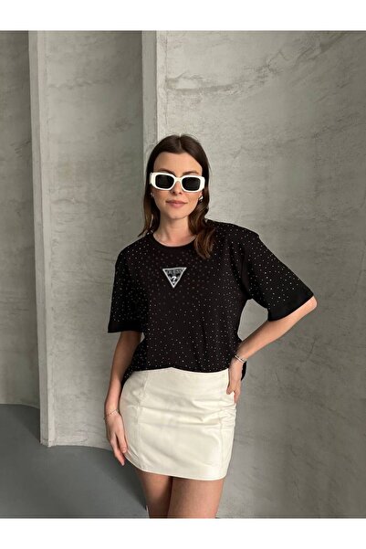 MODA Taşlı Üçgen Siyah Crop T-Shirt