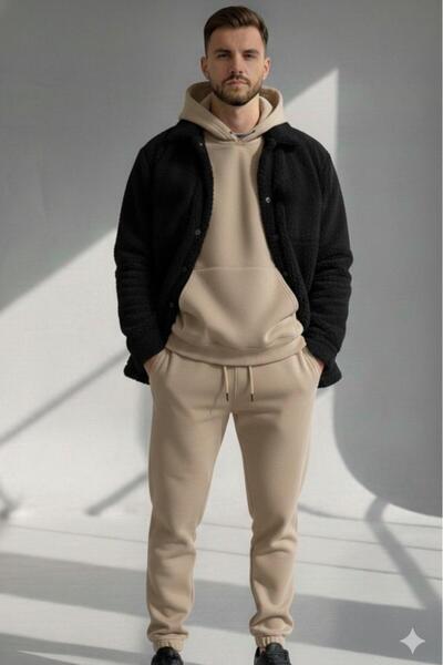 CAST COLLECTİON Men's Beige-Black 3-Piece Hooded Sweat Tracksuit Bottom Plush...