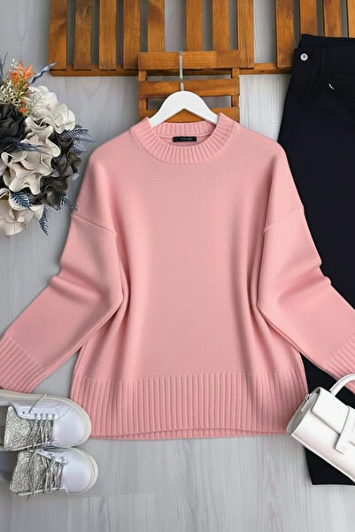 ZEROGAPRİSE Women's Crew Neck Oversized Fleece-Lined Knitwear Sweater