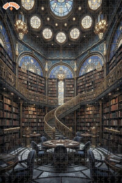 Teona Ahşap لغز خشبي فني بمظهر لوحة زيتية لمكتبة قوطية، لغز بإطار مزدوج الطبق...