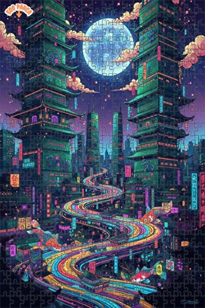 Teona Ahşap لوحة زيتية لأسماك الكوي الطائرة في مدينة النيون، لغز خشبي بإطار م...