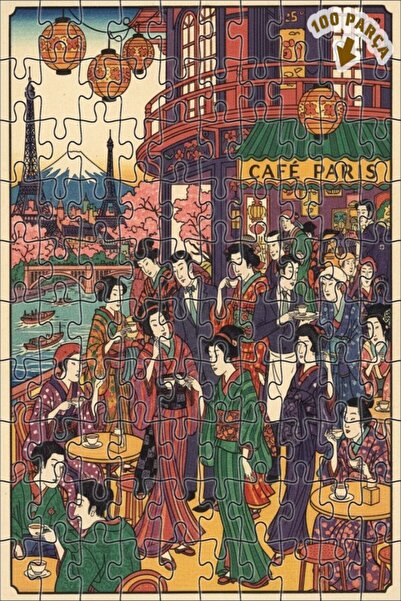 Teona Ahşap لوحة زيتية مستوحاة من الفن الياباني لمشهد مقهى باريس، لوحة خشبية ...