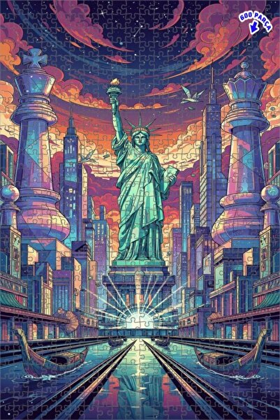 Teona Ahşap لوحة زيتية لتمثال الحرية في مدينة الشطرنج، بازل خشبي بإطار من طاب...