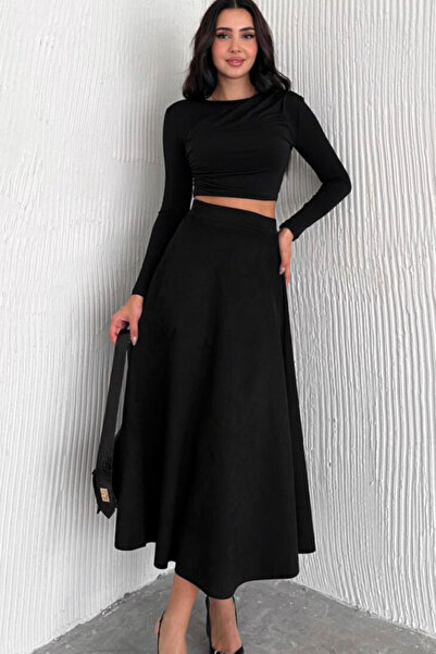 MissThetis Yüksek Beli Lastikli Süet Kumaş Uzun Midi Boy Kloş A Kesim Dökümlü...