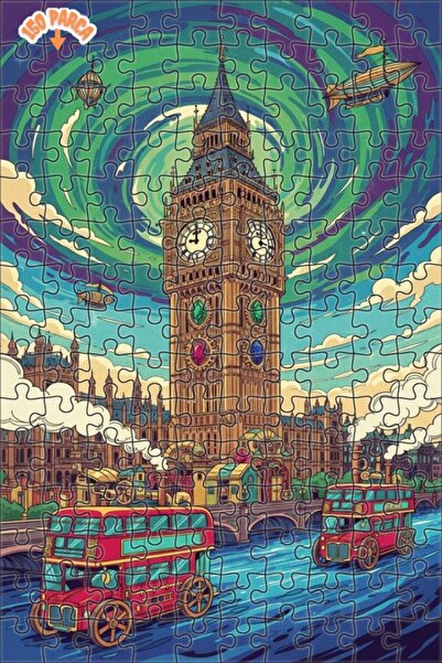 Teona Ahşap برج الساعة الكبير والحافلات ذات الطابقين القديمة، لغز خشبي بإطار ...