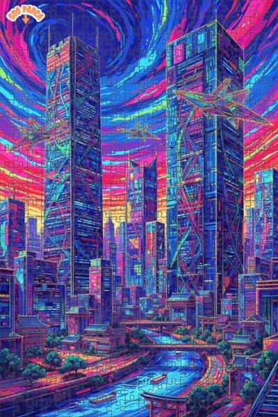 Teona Ahşap لغز خشبي بإطار على شكل مدينة نيون بمظهر لوحة زيتية حديثة ذات طابق...