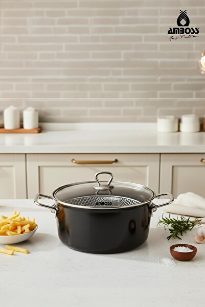 Amboss Crispella 22 cm Enamel Frying Pan with Glass Lid - Black