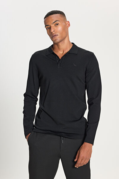 ALTINYILDIZ CLASSICS Men's Black Standard Fit Regular Cut Polo Neck Basic Kni...