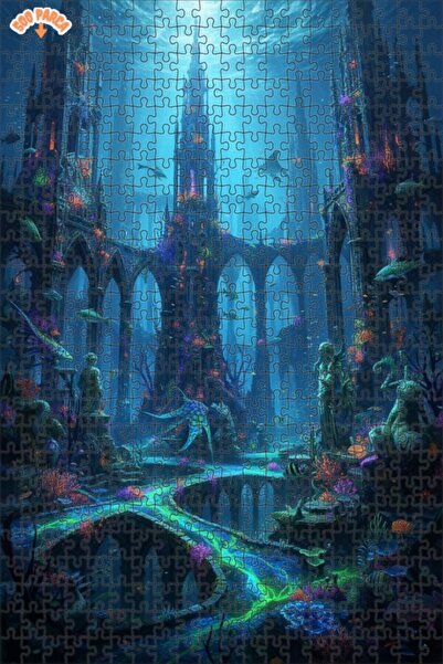 Teona Ahşap لغز خشبي مؤطر بطبقتين بمظهر لوحة زيتية لمدينة أتلانتس الغارقة 500...