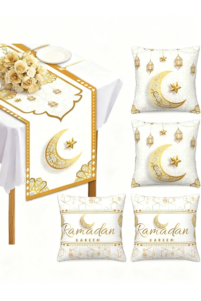 Generic Ramadan Decor 5-Piece Set: 1 Ramadan Table Runner and 4 Cushion Covers