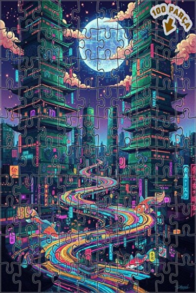 Teona Ahşap لوحة زيتية لأسماك الكوي الطائرة في مدينة النيون، لغز خشبي بإطار م...