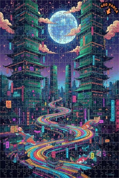 Teona Ahşap لوحة زيتية لأسماك الكوي الطائرة في مدينة النيون، لغز خشبي بإطار م...