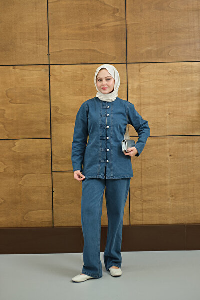 LOCCO Women's Silver Button Detailed Suit Wash Blue