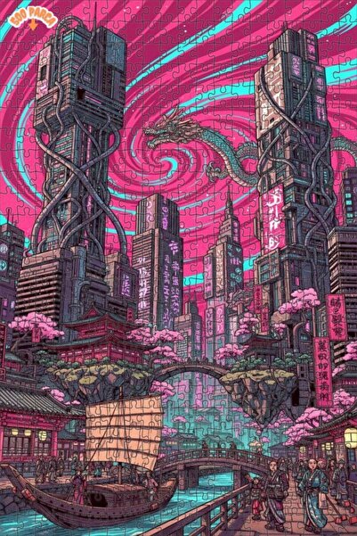 Teona Ahşap لغز فني بتصميم مدينة مستقبلية مع دخان التنين وتأثيرات الزيت 500 ق...