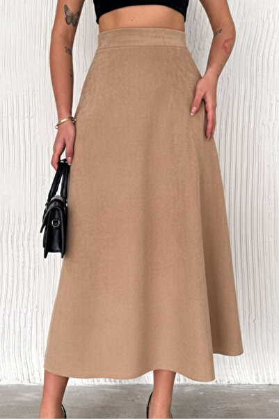 MissThetis Yüksek Beli Lastikli Süet Kumaş Uzun Midi Boy Kloş A Kesim Dökümlü...