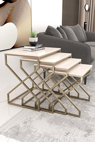 Dekoport Ela 4lü Zigon Sehpa Yan Sehpa Metal Ayak Pirinç Eskitme Rengi Mdf Me...