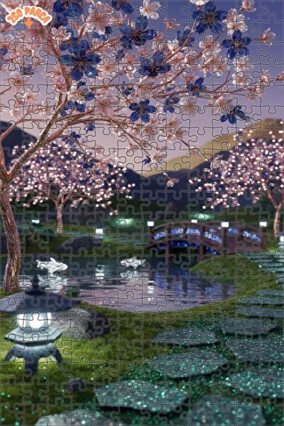 Teona Ahşap Sakura Bahçesi Köprüsü Sulu Boya Görünümlü Çift katlı Çerçeveli A...