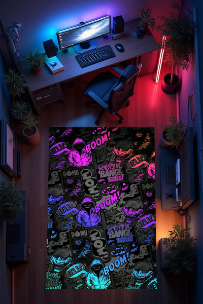 THEMODERNHANE Gamer Genç Odası Halısı Kaymaz Taban Makinede Yıkanabilir Gamin...